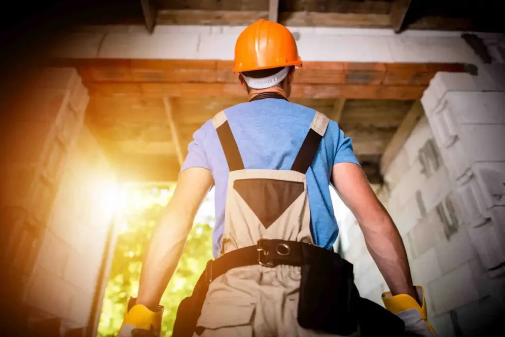 Ouvrier en tenue de chantier avec casque orange